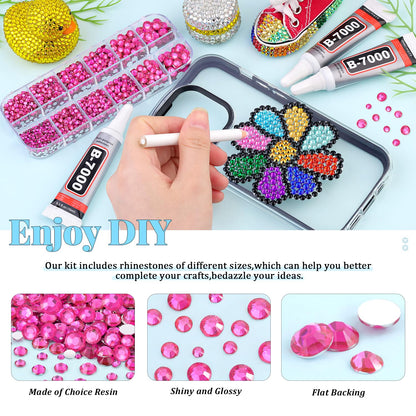 6000Pcs Resin Rhinestones for Bedazzling with 3Pcs B7000 Jewelry Glue, 1 Box Hot Pink Flatback Rhinestones for Crafting Crafts DIY, Crystals Gems for Clothing Shoes Tumblers Nail Art Makeup