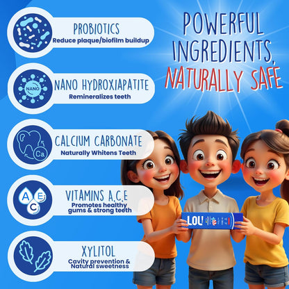 LOL Kid Toothpaste Fluoride Free, Nano Hydroxyapatite Toothpaste Kids, Probiotics & Xylitol Tooth Paste Kids | Remineralizing | Natural | Plant-Based Foam | Pasta De Dientes para Niños (Peppermint)