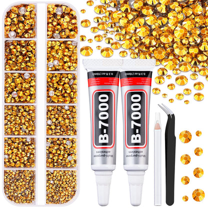 6100Pcs Resin Rhinestones for Crafting with 2Pcs 10ml B7000 Jewelry Glue, 1 Box Flatback Crystals Diamond (Gold) for Bedazzling Crafts DIY Nail Art Non Hotfix Gems for Clothing Shoes Tumblers