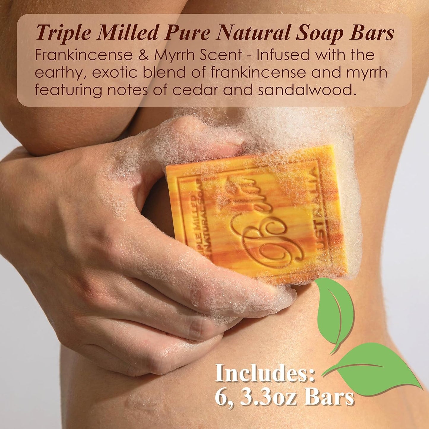 BELA Frankincense and Myrrh Soap 3.3 OZ Pack of 6, French Triple Milled Bar Soap with Organic Shea Butter, Hand, Face and Body Wash Bar, Made in Australia