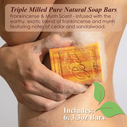 BELA Frankincense and Myrrh Soap 3.3 OZ Pack of 6, French Triple Milled Bar Soap with Organic Shea Butter, Hand, Face and Body Wash Bar, Made in Australia