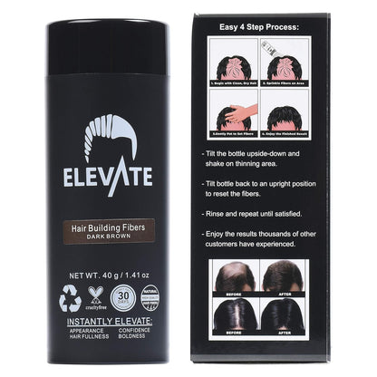 ELEVATE Hair Fibers for Thinning Hair Large Size 40g Bottle - 100% Natural Undetectable Keratin Fibers to Instantly Fill in Thinning Balding Loss Area Fuller in 30 Seconds Men & Women (Dark Brown)