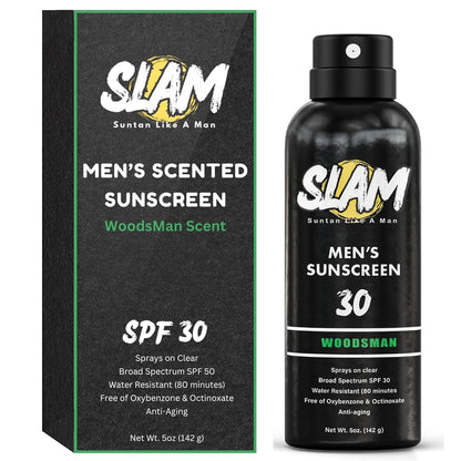 SLAM WoodsMan Men's Scented Sunscreen Spray SPF 30 – Broad Spectrum Sun Screen Spray for Face & Body, Water Resistant & Sweat Resistant Sunscreen, UVA/UVB Protection, Sunblock for Men