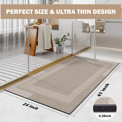 Non Slip Long Bath Mat Bathroom Runner, Rubber Backing Ultra Thin Bathroom Rugs Fit Under Door Quick Dry Super Absorbent Washable Bath Rug Shower Mat for Bathtub Sink Floor, Beige 24"x48"