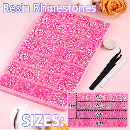 30000Pcs Resin Rhinestones for Bedazzling with Tweezers, Hot Pink AB Rhinestones for Crafting with B7000 Jewelry Glue for DIY Crafts Clothing Tumblers Shoes Fabric Nail Art