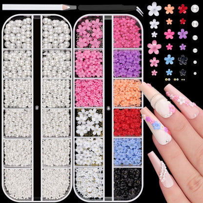 Flatback Pearls (White) and 3D Flowers for Nail Art, Pearl Nail Charms and Colorful Nail Flowers Blossom with Round Caviar Nail Beads Nail Accessories for Acrylic Nail Tips Manicure Decor