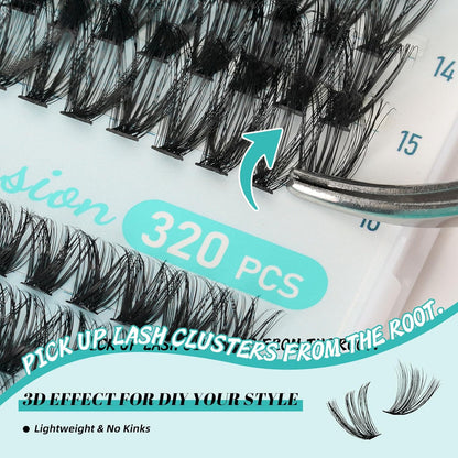 Lash Extension Kit 320Pcs,DIY Individual Lashes Clusters Kit,Lash Bond And Seal,Lash Remover For Eyelashes Extensions,Lash Applicator Tool For False Eyelash Cluster Kit At Home(40D50D,D-Mix9-16mmKit)