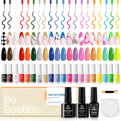 Beetles Gel Liner Nail Art Polish Set Pastel Gel Nail White Gold Red Glitter Neon French Tip Nails Polish Paint Swirl Built Thin Brush in Bottle Soak off Uv Lamp Nails Art Kit Gifts for Women