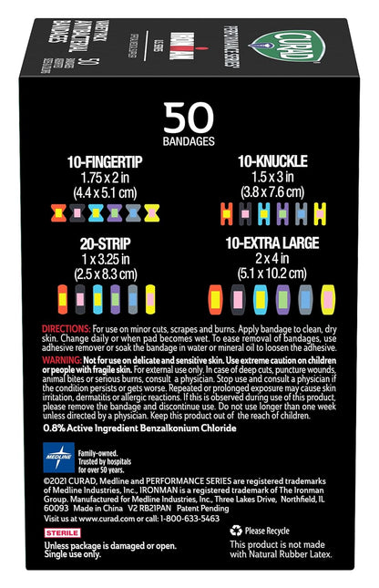 CURAD Performance Series IRONMAN Antibacterial Bandages, Extreme Hold Adhesive Technology, Finger & Knuckle Bandages, Flexible Fabric, Variety Pack with Assorted Sizes & Colors, 50 Count