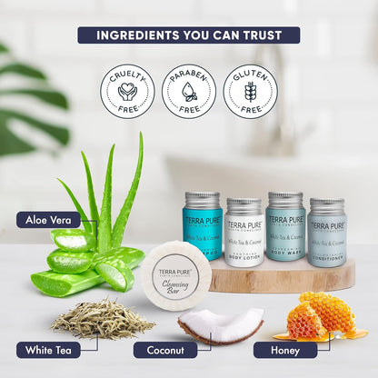 Terra Pure White Tea & Coconut Hotel Size Toiletries Set | 1-Shoppe All-In-Kit | 1 oz. Liquids and 1.25 oz. Bar Soap | Amenities For Hotels, Airbnb & Rentals | (75 pieces)