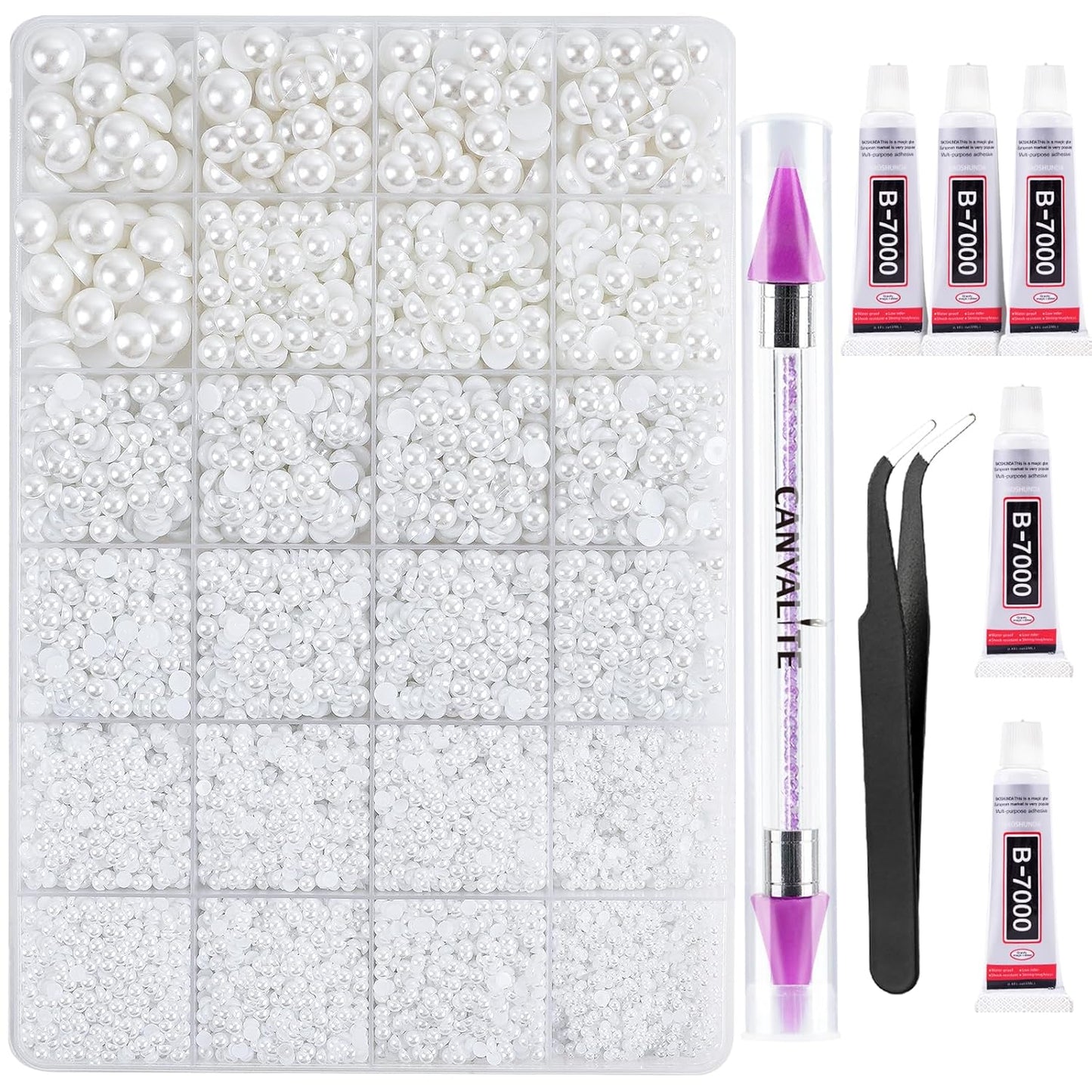 Canvalite 11000Pcs Flatback Pearls for Crafting, Multiple Sizes Half Nail Pearls with 5Pcs B7000 Jewelry Glues & Picker Tools Bedazzling Bead for DIY Crafts Clothing Tumblers Shoes Decors Nail Art