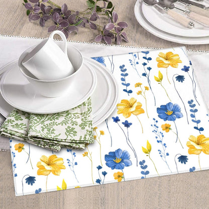 Navy Blue Yellow Flower Dish Drying Mat for Kitchen Counter Watercolor Floral Decorative Dish Drainer Rack Mats 16"x18" Absorbent Reversible Drying Pad