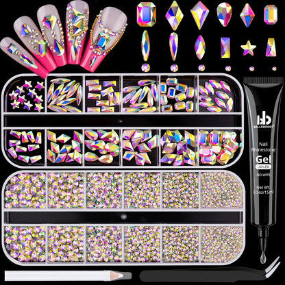 AB Glass Nail Rhinestones & Gems - 3220 Pcs Multi Shapes + 3100 Pcs Round Crystal with Glue Gel for Nail Art