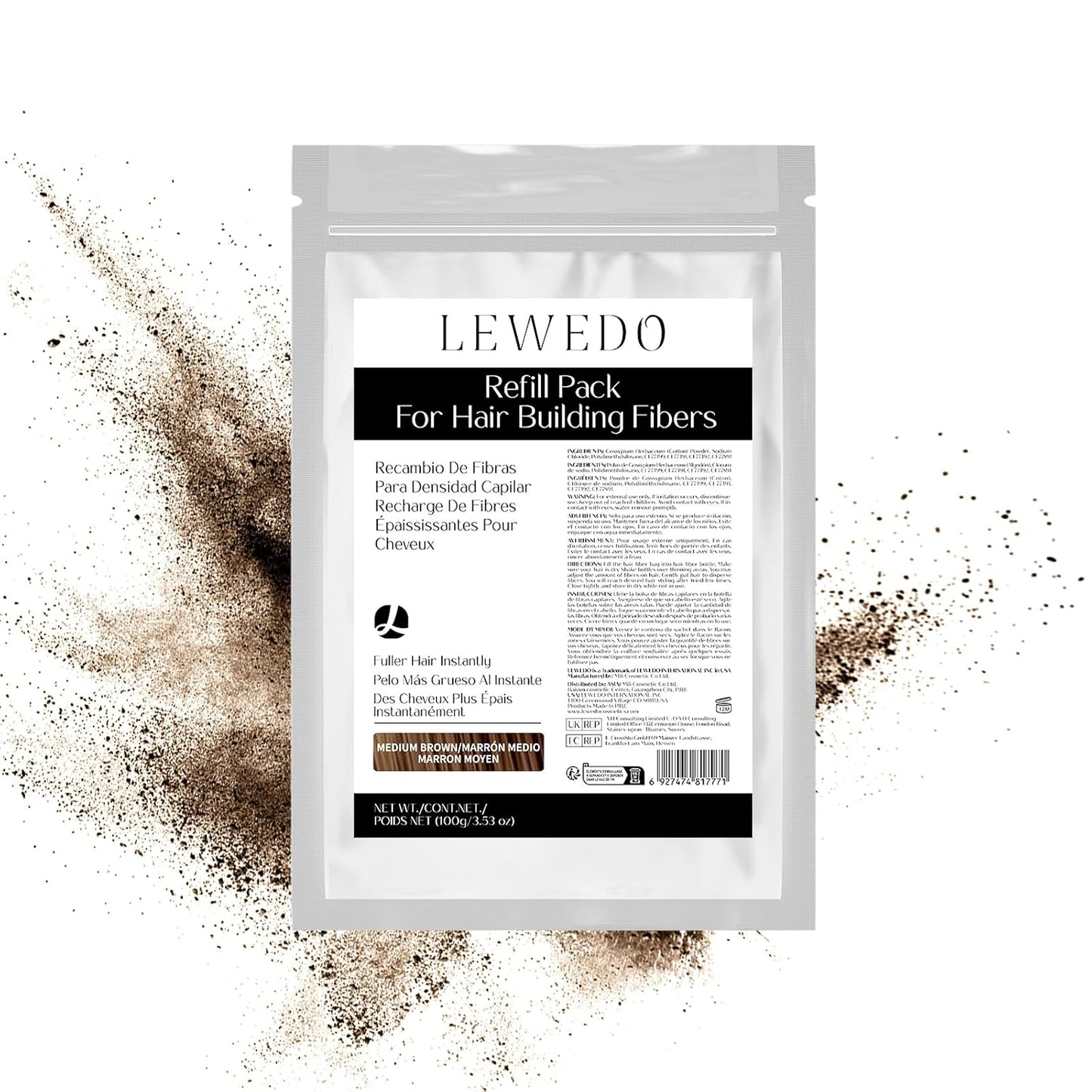 Hair Building Fibers Refill Pack - 100g Instant Thickening Fibers for Men & Women, Natural Cotton Powder, Wind/Rain Resistant, For All Hair Fiber Applicator Bottles (Medium brown)