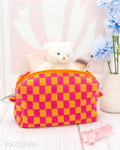 PAZIMIIK Checkered Makeup Bag for Purse Portable Zipper Make Up Pouch Small Cosmetic Case for Travel Red Orange