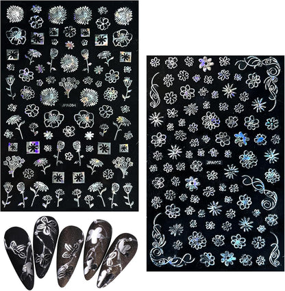 10 Sheets Flower Nail Stickers Silver 3D Self-Adhesive Leaf Art Designs Holographic Laser Manicure Accessories, Style6