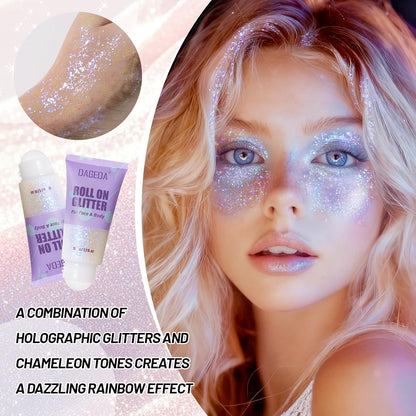 DAGEDA Roll-on Body Glitter,Holographic Eye Face Hair Glitter Gel for Festival Outfit Mermaid Accessories,Chameleon Color Body Shimmer Makeup Rave Outfits Accessories for Women 50ml(Fantasy)