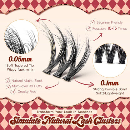Lash Clusters 0.05mm PBT Fiber Eyelash Clusters, 0.1mm Superfine Invisiband D Curl Diy Lash Extension, 72pcs 8-16mm Individual Lashes Clusters Like Eyelash Extensions (Exotic-D-8-16Mix)