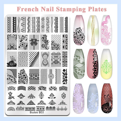Biutee Nail Stamping Plates Set 2 PCS Large Plate 110 Patterns Nail Art Stamper Scraper Nail Stamp Template Kit French Line Lace Flower Design Masnicure Plates