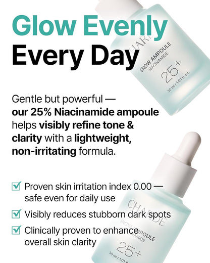 Charde Niacinamide 25% Snow Ampoule for Face, Dark Spot Care for Hyperpigmentation, Freckles & Sun Spots | Radiance Boosting with White Garcinia & Arbutin, Korean Skin Care, 1.01 fl. oz.