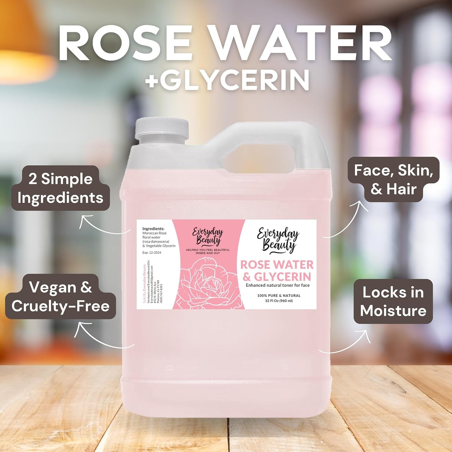 Rose Water & Glycerin Enhanced Facial Toner - 32oz Bulk Alcohol-Free Vegan All Natural Refreshing for Face and Hair - Uplifts, Calming & Soothing for All Skin Types…