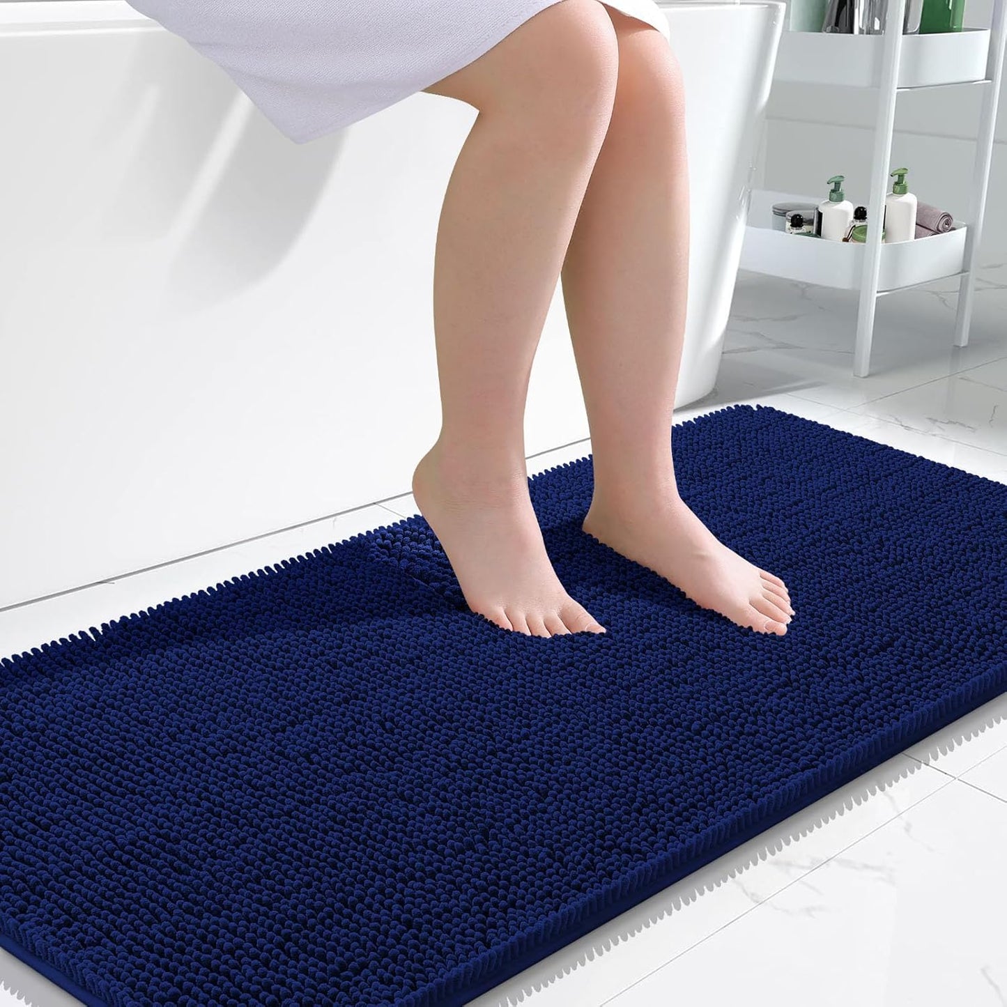 OLANLY Bathroom Rugs 47x24, Extra Soft Absorbent Chenille Bath Rugs, Rubber Backing Quick Dry, Machine Washable Bath Mats for Bathroom Floor, Tub and Shower, Home Decor Accessories, Navy
