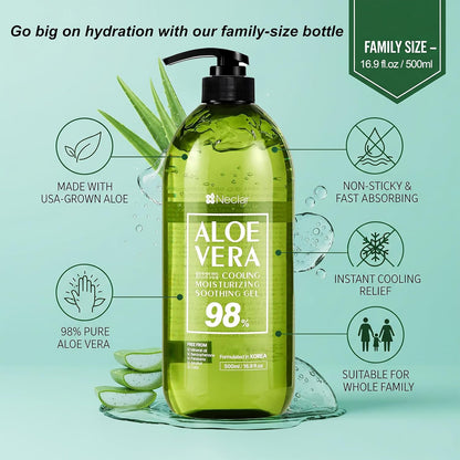 Aloe Vera Gel - for Sunburn Relief - Big 16.9 oz / 500ml - 98% Pure Aloe Gel - For Face, Skin and Hair - After Sun Care lotion - Sun Burn Moisturizer Cream (16.9 Fl oz)