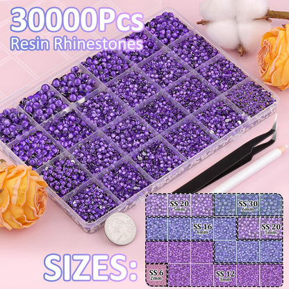30000Pcs Dark Purple Rhinestones for Bedazzling with B7000 Jewelry Glue, Bedazzler Kit Flatback Gems, Resin Rhinestones for Crafting Crafts Clothing Shoes Fabric Nail Art Assorted Size 2/3/4/5/6mm
