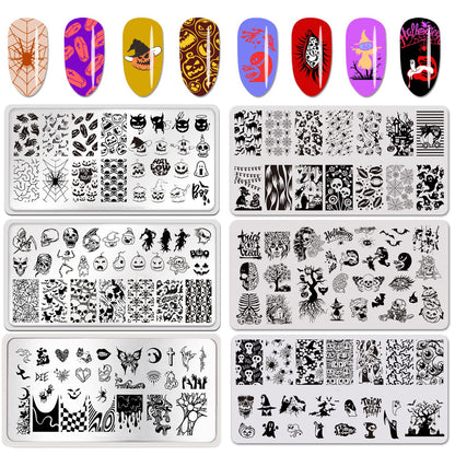 6 Pcs Halloween Nail Stamping Plate Skull Bat Witch Spider Web Halloween Nail Stamper Kit Pumpkin Grimace Blood Design Nail Template Decoration