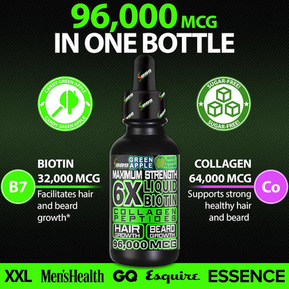 Liquid Biotin Collagen Peptides for Beard Growth and Thickening - Men's Beard and Hair Growth Supplement - Biotin Liquid Drops 96,000mcg 6X More Absorption