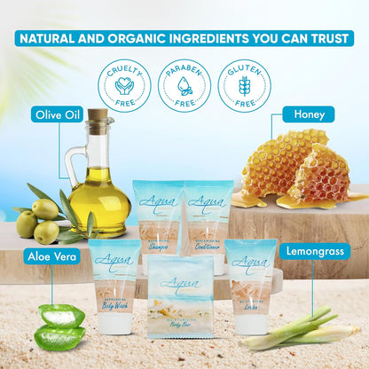 Aqua Organics Hotel Soaps and Toiletries Bulk Set | 1oz Hotel Shampoo & Conditioner, Body Wash, Body Lotion & 1oz Bar Soap Travel Size | 300 Pieces