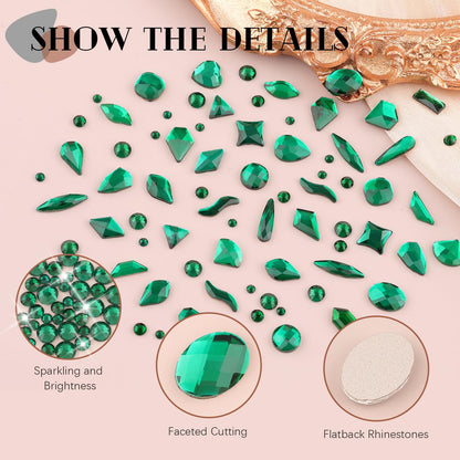 1680Pcs Emerald Green Glass Nail Rhinestones 180Pcs Multi Shapes Flatback Nail Gems + 1500Pcs 1.5-4mm Round Crystal, Manicure Nail Charms Diamond Gemstone for Acrylic Nails Decoration