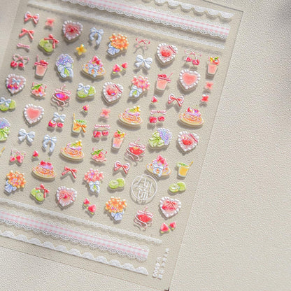 5D Embossed Shortcake Nail Stickers for Nail Art Pink Bow Heart Nail Decals Summer Cute Stickers for Nails Designs Self Adhesive Nail Supplies & Decorations for Women Girls 1 Sheet