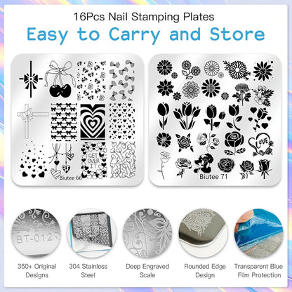 Biutee Nail Stamping Plate 20Pcs Nail Stamper Kit 16Pcs Nail Art Stamping Plates with Silicone Stamper, Scraper & Storage Bag, Stamp Plates Star Plaid Love Leaf Template Halloween Design Gift