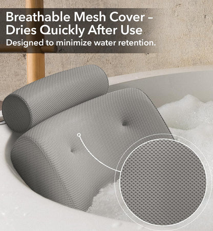 Everlasting Comfort Luxury Bath Pillows for Tub with Head and Neck Support - Non-Slip Bathtub Pillow with Suction Cups, Quick-Drying Mesh & Drying Hook - Jacuzzi & Bathtub Accessories for Women -Gray