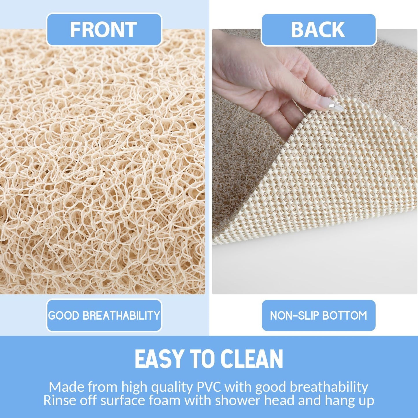 Non-Slip Shower Mat Bathtub Mat for Bath Tub,Anti Slip Bath Tub Mat,Floor Mat,Soft PVC Loofah Bathroom Mats,Foot Scrubber Mat,Quick Drying Easy Cleaning Mats for Wet Areas（40 * 16 Beige）