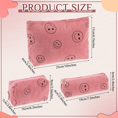 3 Pcs Makeup Bag Set for Women Corduroy Cosmetic Pouch Aesthetic Smile Travel Toiletry Bag Cute Purse Pouch Pencil Case Makeup Brushes Storage Organizer for Christmas(Pink,Smile Face)
