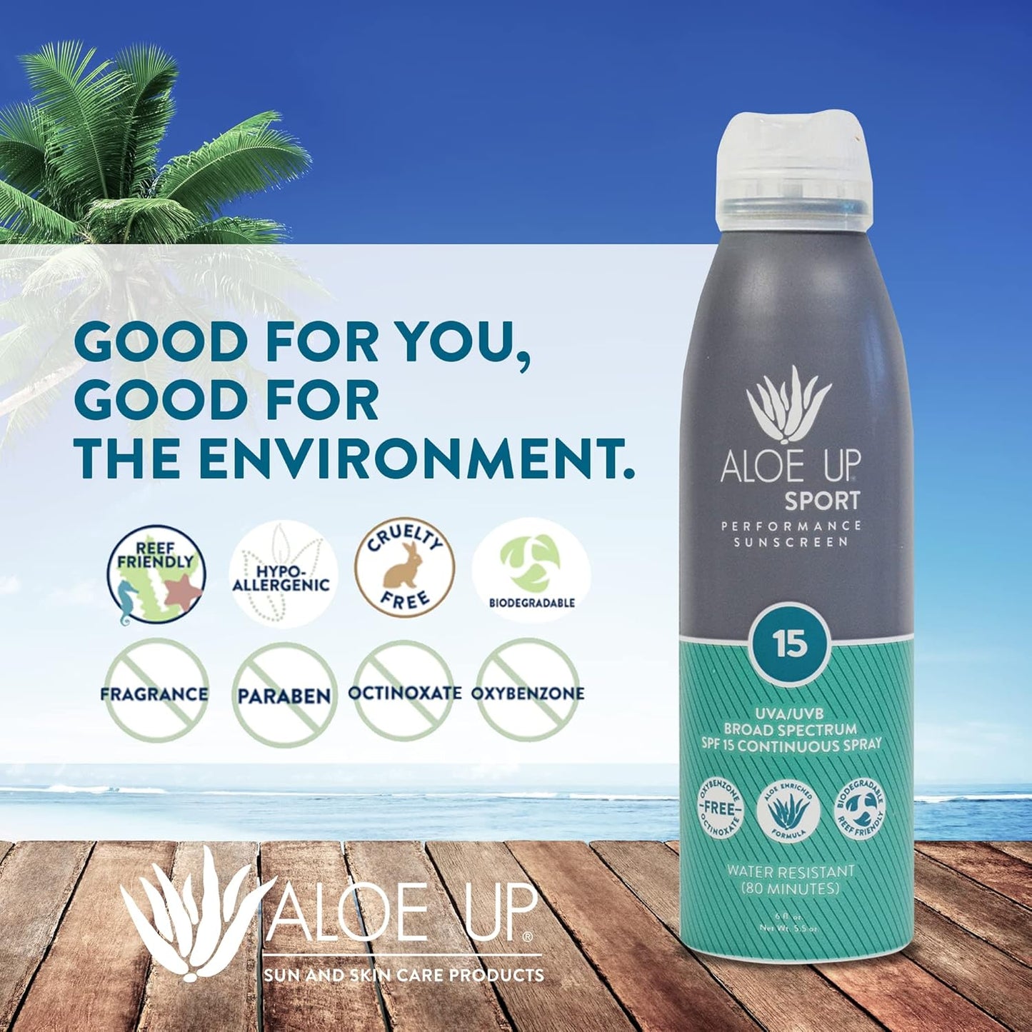 Aloe Up Sport Continuous Spray Sunscreen SPF 15 - Broad Spectrum UVA/UVB Sunscreen Protector for Face and Body - With Aloe Vera Gel - Fast Absorbing Sheer Formula - Reef Safe - Fragrance-Free - 6 Oz