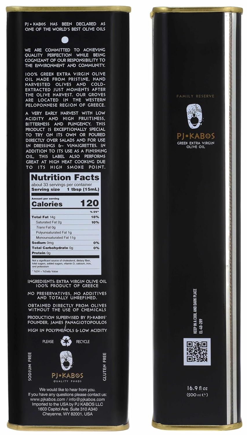 P.J. KABOS 2024/25 Harvest, Very High Phenolic (750+mg/kg), Natural Greek Extra Virgin Olive Oil, Kosher, Greece, Cold Extracted, 16.9 oz Tin, "Family Reserve - Robust"