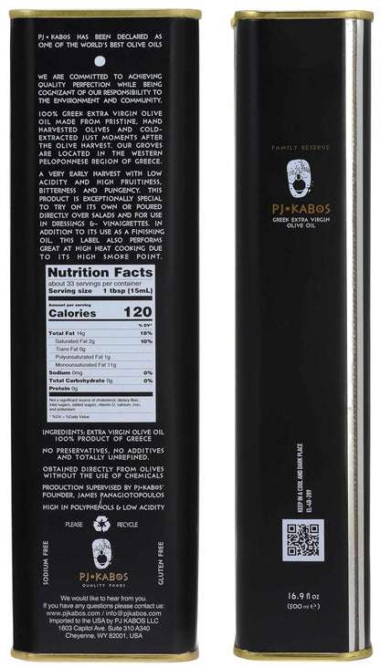 P.J. KABOS 2024/25 Harvest, Very High Phenolic (750+mg/kg), Natural Greek Extra Virgin Olive Oil, Kosher, Greece, Cold Extracted, 16.9 oz Tin, "Family Reserve - Robust"