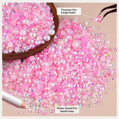 9000PCS Flatback Pearls and Rhinestones for Bedazzling, Pink White Mixed Size 3-8mm Resin Rhinestones and Half Pearls for Crafting, Nail Art and Grad Cap Decoration with Tweezers and Pickup Pencil