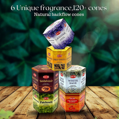 Hem Backflow Incense Cones Variety - Large Pack 240 Cones + 6 Type| Palo Santo, Lavender, Sandalwood, White sage, Patchouli & Dragons Blood
