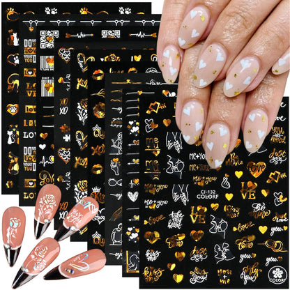 9 Valentines Nail Art Heart Stickers - Self-Adhesive Gold, 3D Rose Love Cupid Heart Letter Nail Decals for Women