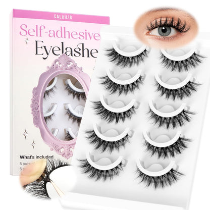 CALAILIS Self Adhesive Eyelashes 5 Pairs Natural Look Press On Lashes No Glue Need Eyelashes Reusable Cat Eye Wispy Self-adhesive False Lashes with Replacement Adhesive Strips (C105)