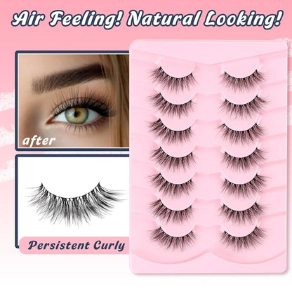 Natural Cat Eye Lashes Wispy Eyelashes 14mm Lightweight False Eyelashes 3D Volume Natural Strip Lashes 0.1mm Thin Cotton Band Lashes Pack C Curl Soft Lashes 7 Pairs Siligli