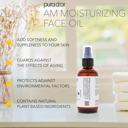 PURA D'OR 3.3 Oz ORGANIC AM Moisturizing Face Oil - Morning Glow Hydrating Skincare -Lightweight Moisturizer for Glowing Skin - All Natural, Vegan, Paraben-Free - Women & Men