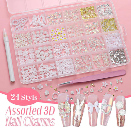 3D Nail Charms and Gems, Mix Flower Bow Heart Colorful Acrylic Nail Art Charms, Mix Nail Pearl Rhinestones and Caviar Beads for Nails, Cute Hollow Pearls Jewelry for Art Design DIY Crafts