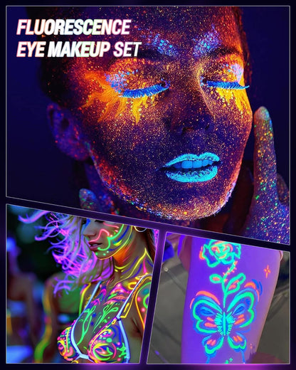 UV Neon Purple Mascara & Eyeliner Set, Waterproof Volumizing Colored Mascara Volume and Length for Lashes Lengthening, Long Lasting Glitter Liquid Eyeliner Pencil, Halloween Glow in the Dark Makeup-01