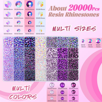 20000Pcs Purple Rhinestones for Bedazzling with 1Pcs B7000 Jewelry Glue, Resin Rhinestones for Crafting Crafts DIY, Bedazzler Kit Gems for Clothing Shoes Tumblers Nail Art Assorted Size 3/4/5/6mm