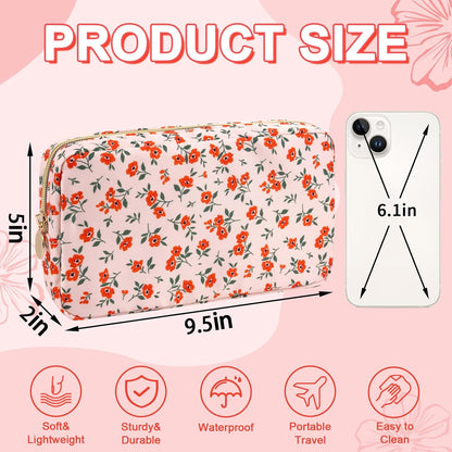 Waterproof Small Floral Makeup Bag Pouch for Purse,Nylon Flower Cosmetic Bag Preppy Travel Toiletry Storage Bag for Women Girl,Cute Makeup Organizer Bag Skincare Bag with Zipper(Small Pink-Flowers)